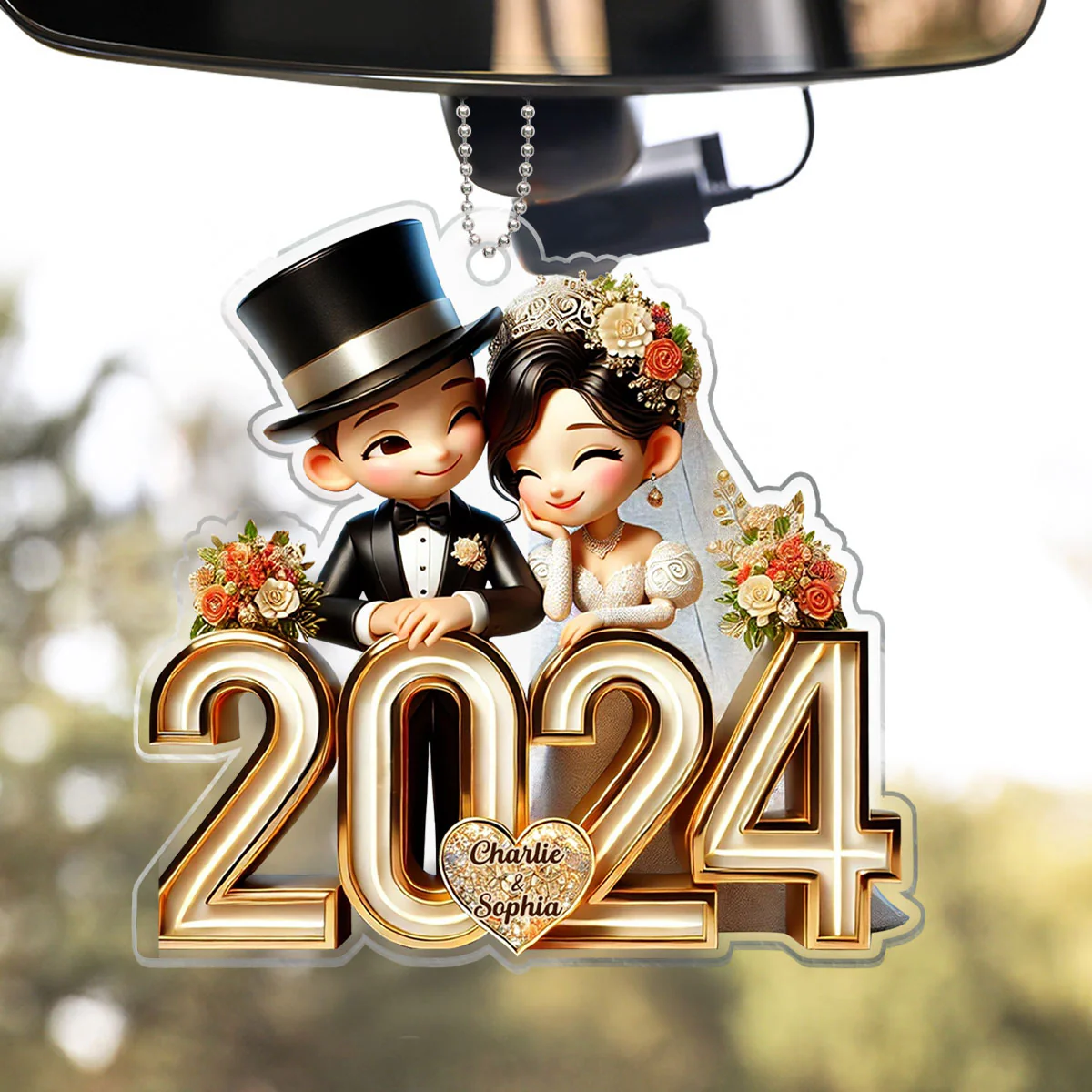 3D Effect Happy Newlywed Cartoon Couple Personalized Car Hanger Ornament, Gift For Him, For Her, For Newlywed Couple - Image 3