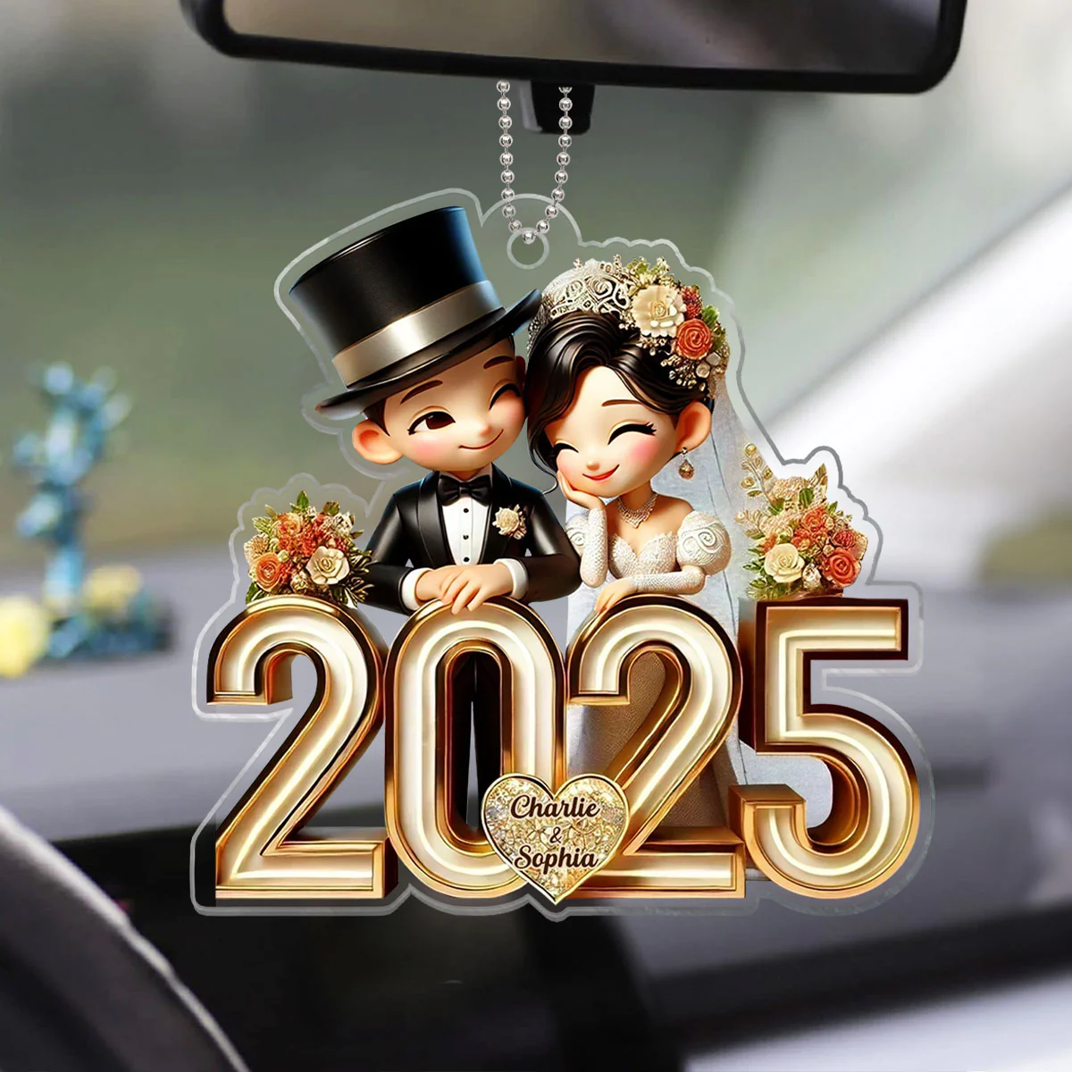 3D Effect Happy Newlywed Cartoon Couple Personalized Car Hanger Ornament, Gift For Him, For Her, For Newlywed Couple - Image 4
