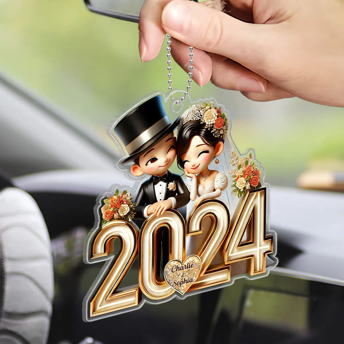 3D Effect Happy Newlywed Cartoon Couple Personalized Car Hanger Ornament, Gift For Him, For Her, For Newlywed Couple - Image 5