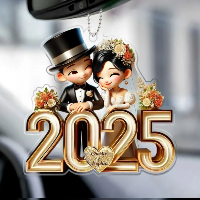 3D Effect Happy Newlywed Cartoon Couple Personalized Car Hanger Ornament, Gift For Him, For Her, For Newlywed Couple - Image 7