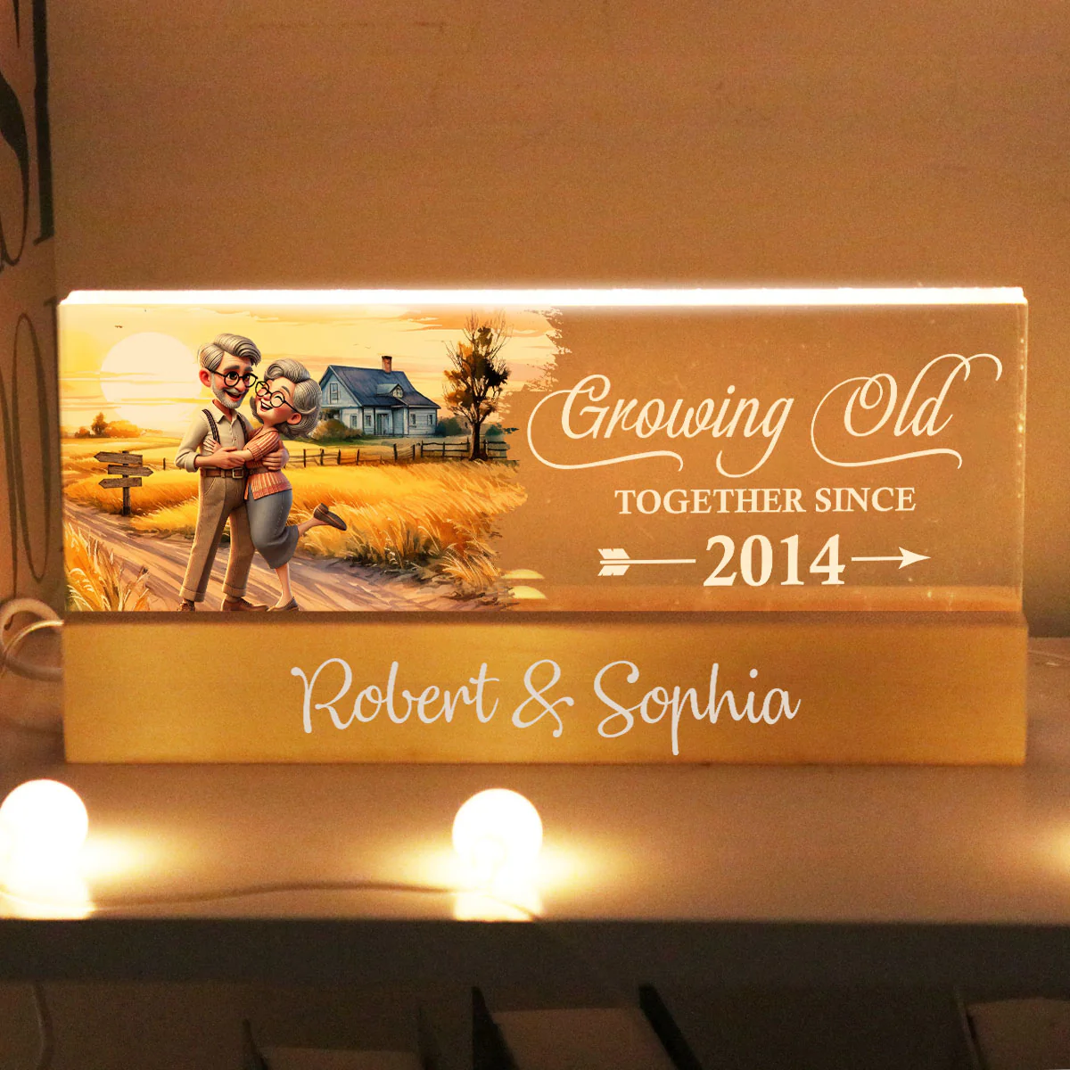 Happy Old Couple Vintage Farmhouse Personalized Acrylic Block LED Night Light, Anniversary For Him, For Her, Husband, Wife - Image 2