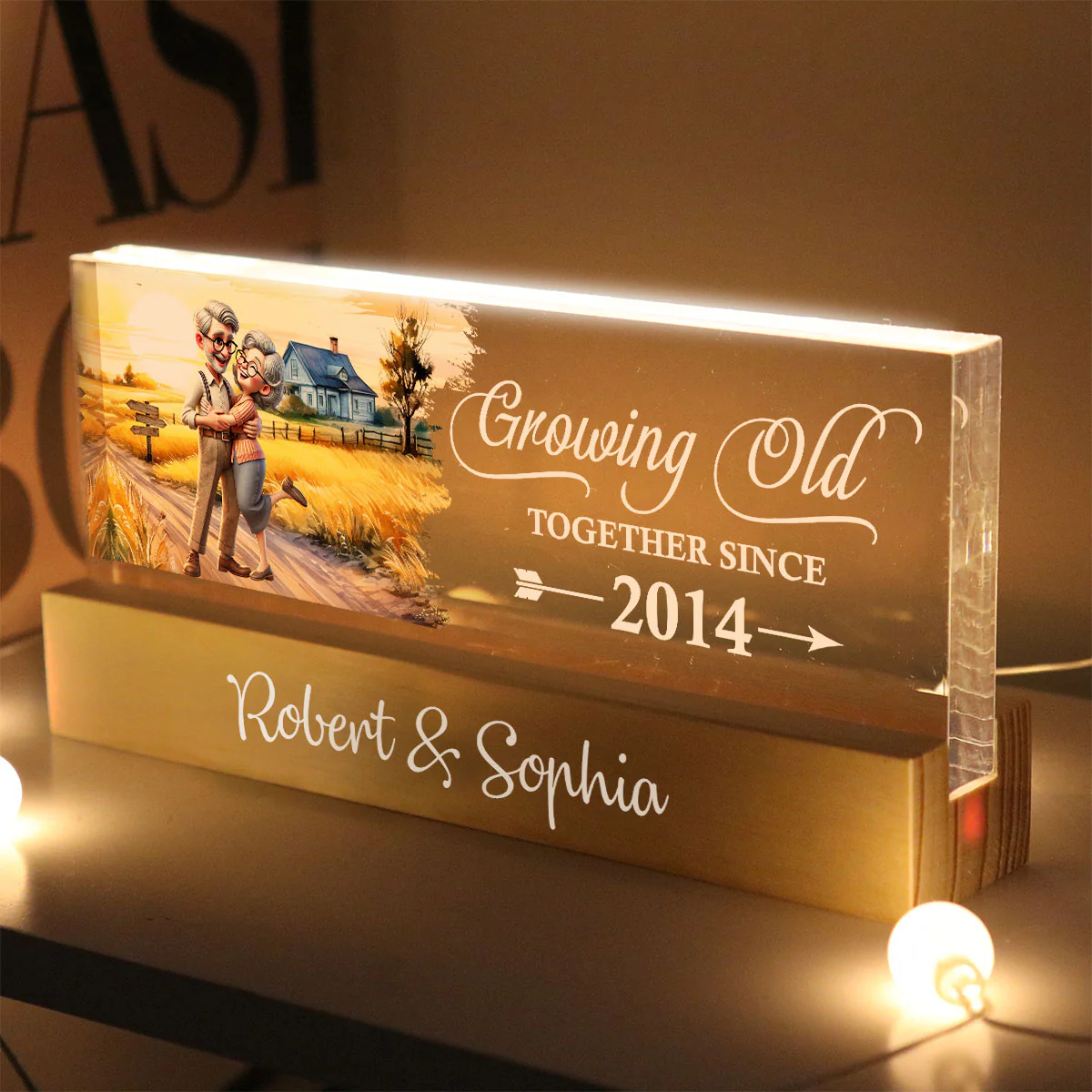 Happy Old Couple Vintage Farmhouse Personalized Acrylic Block LED Night Light, Anniversary For Him, For Her, Husband, Wife - Image 3