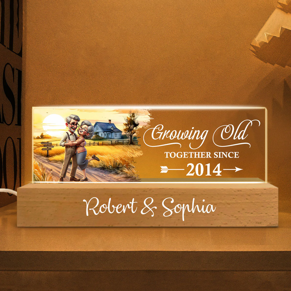 Happy Old Couple Vintage Farmhouse Personalized Acrylic Block LED Night Light, Anniversary For Him, For Her, Husband, Wife - Image 4