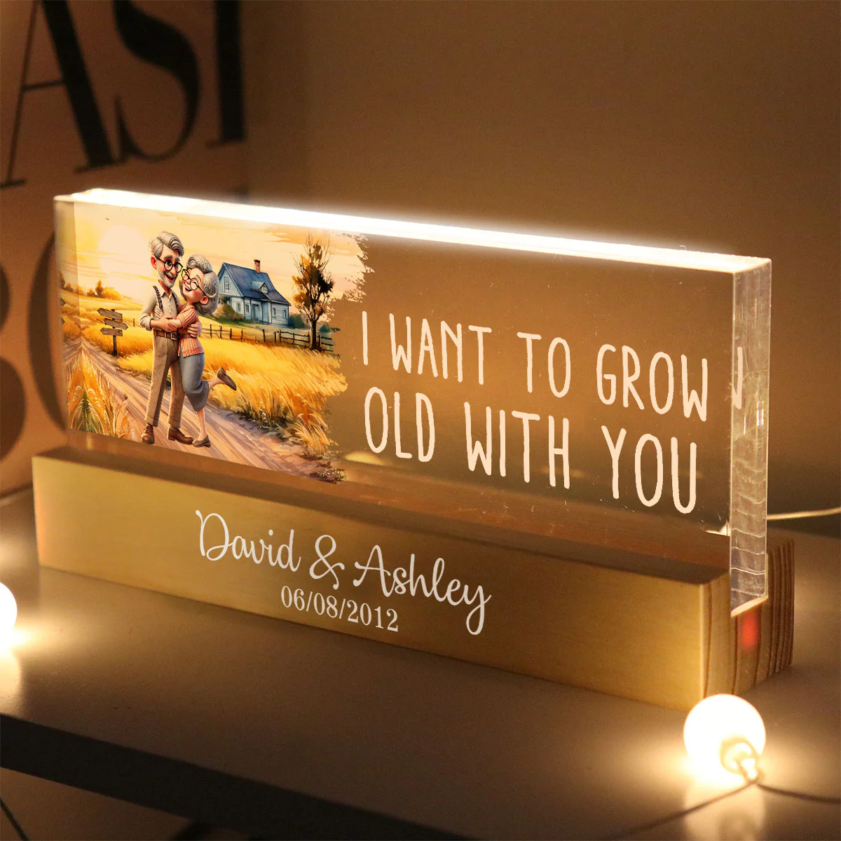 Happy Old Couple Vintage Farmhouse Personalized Acrylic Block LED Night Light, Anniversary For Him, For Her, Husband, Wife - Image 5