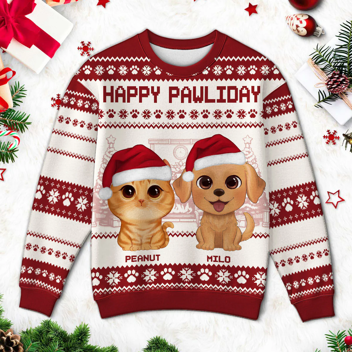 Happy Pawliday Watercolor Cute Dogs Cats Christmas Personalized Faux Knitting Ugly Sweater, Gift For Dog Cat Pet Lovers