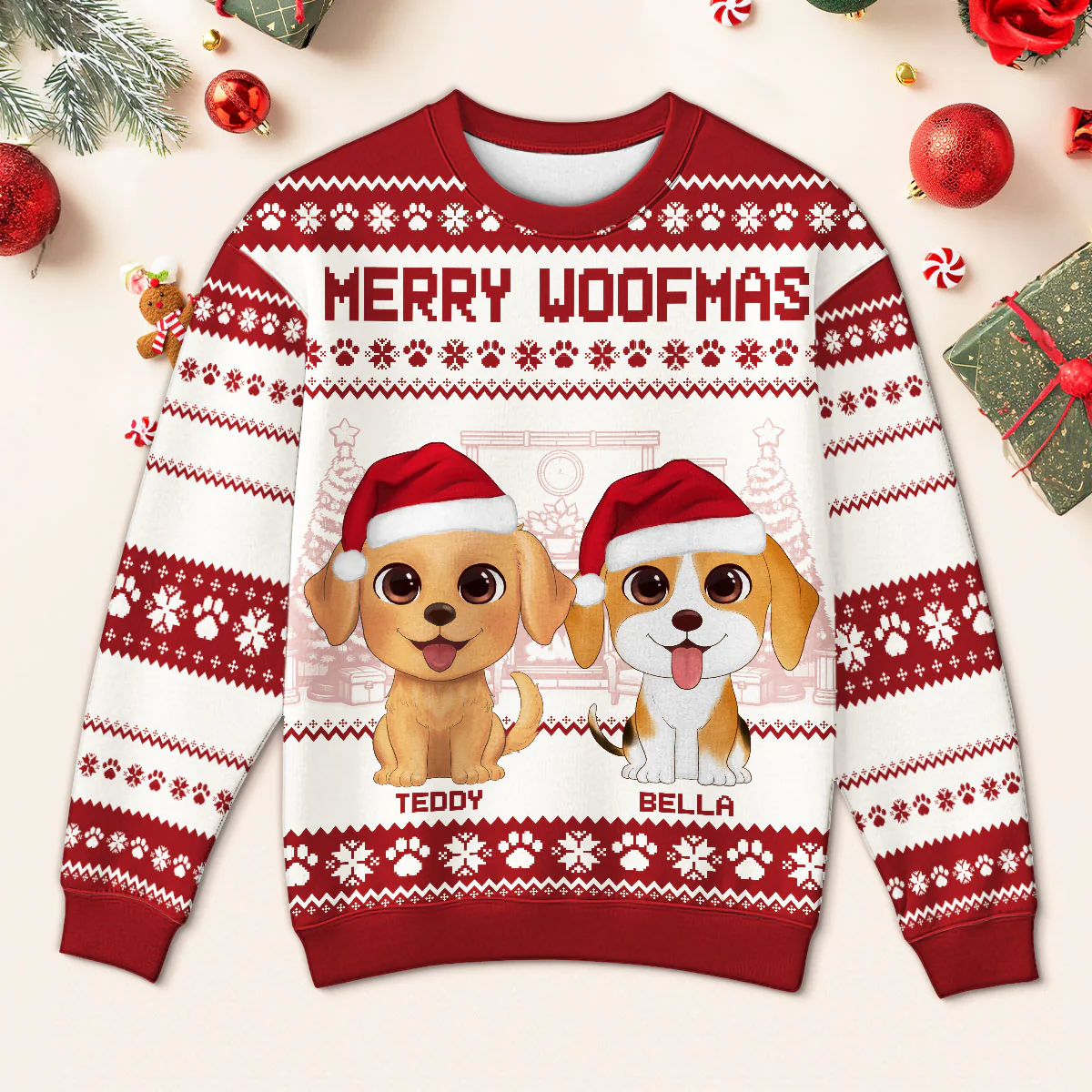 Happy Pawliday Watercolor Cute Dogs Cats Christmas Personalized Faux Knitting Ugly Sweater, Gift For Dog Cat Pet Lovers - Image 2