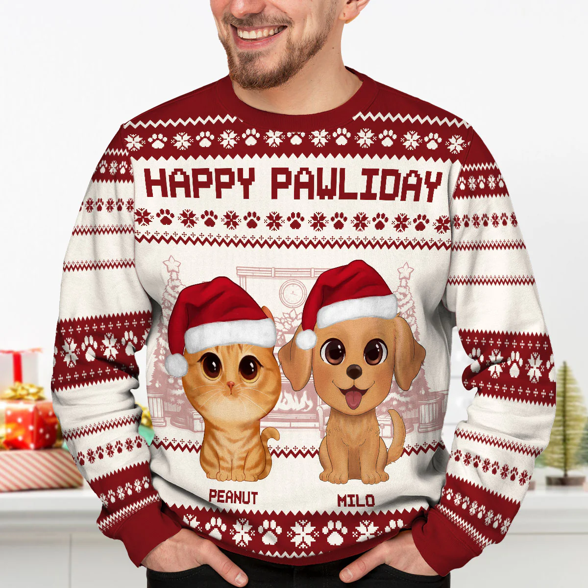 Happy Pawliday Watercolor Cute Dogs Cats Christmas Personalized Faux Knitting Ugly Sweater, Gift For Dog Cat Pet Lovers - Image 3