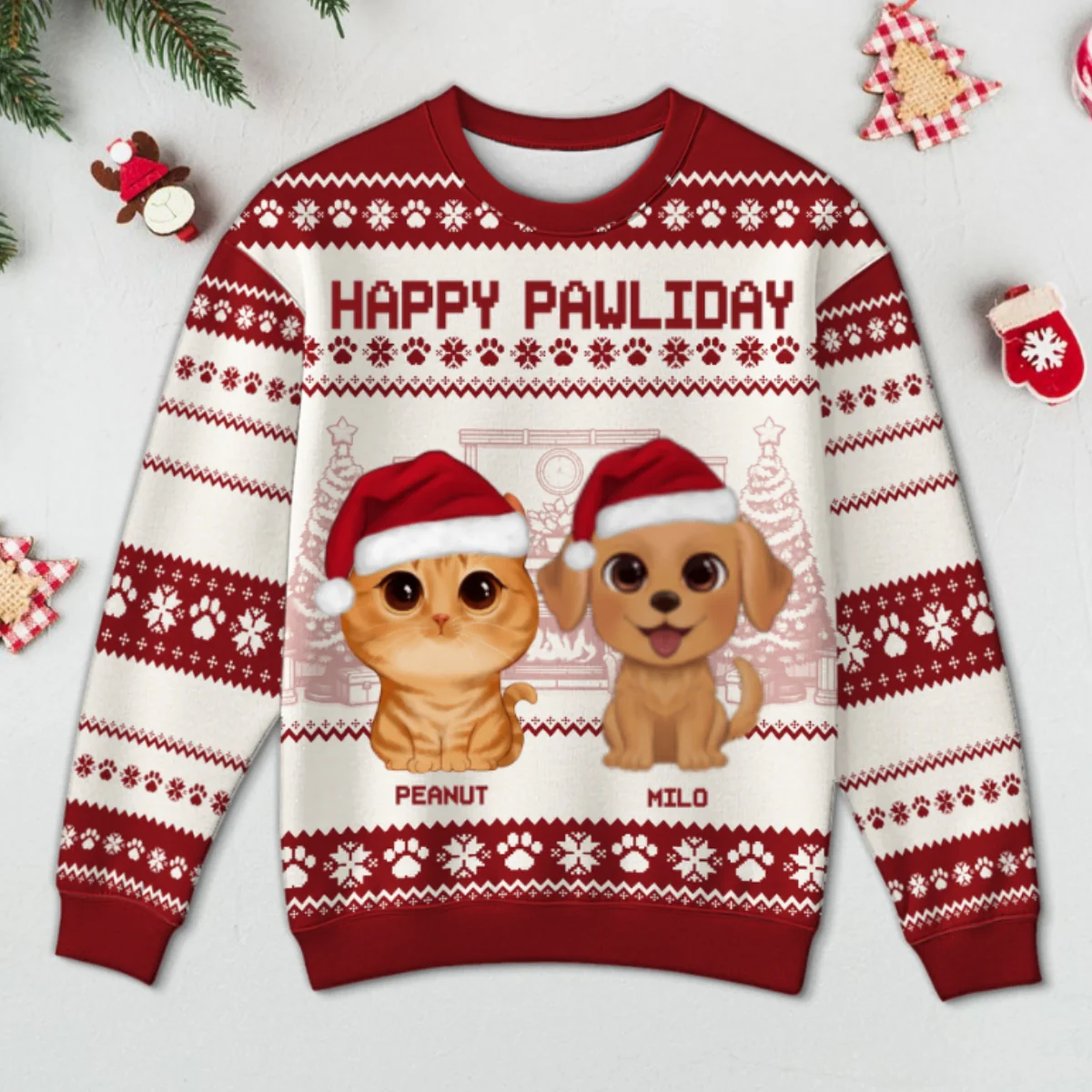 Happy Pawliday Watercolor Cute Dogs Cats Christmas Personalized Faux Knitting Ugly Sweater, Gift For Dog Cat Pet Lovers - Image 9