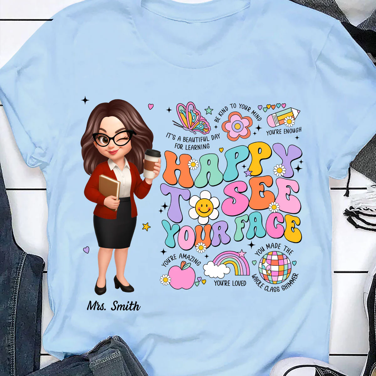 Happy To See Your Face Groovy Retro Persomalized Shirt, Back To School Shirt For Teachers - Image 5