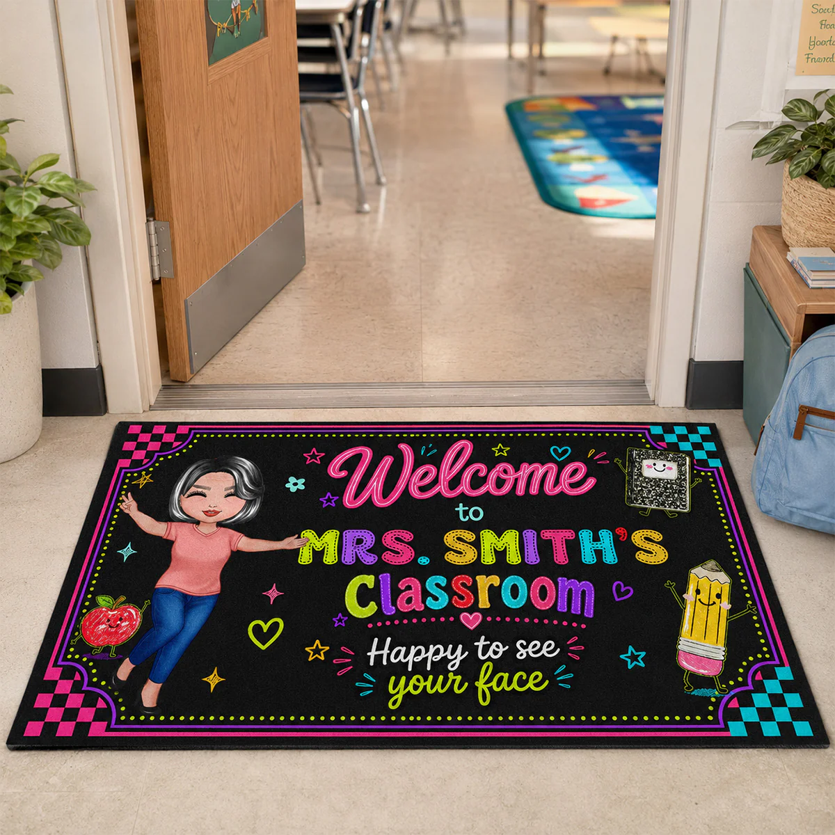 Happy To See Your Face Happy Teacher Preppy Neon Theme - Personalized Doormat - Classroom Students Welcome Decor - Image 2