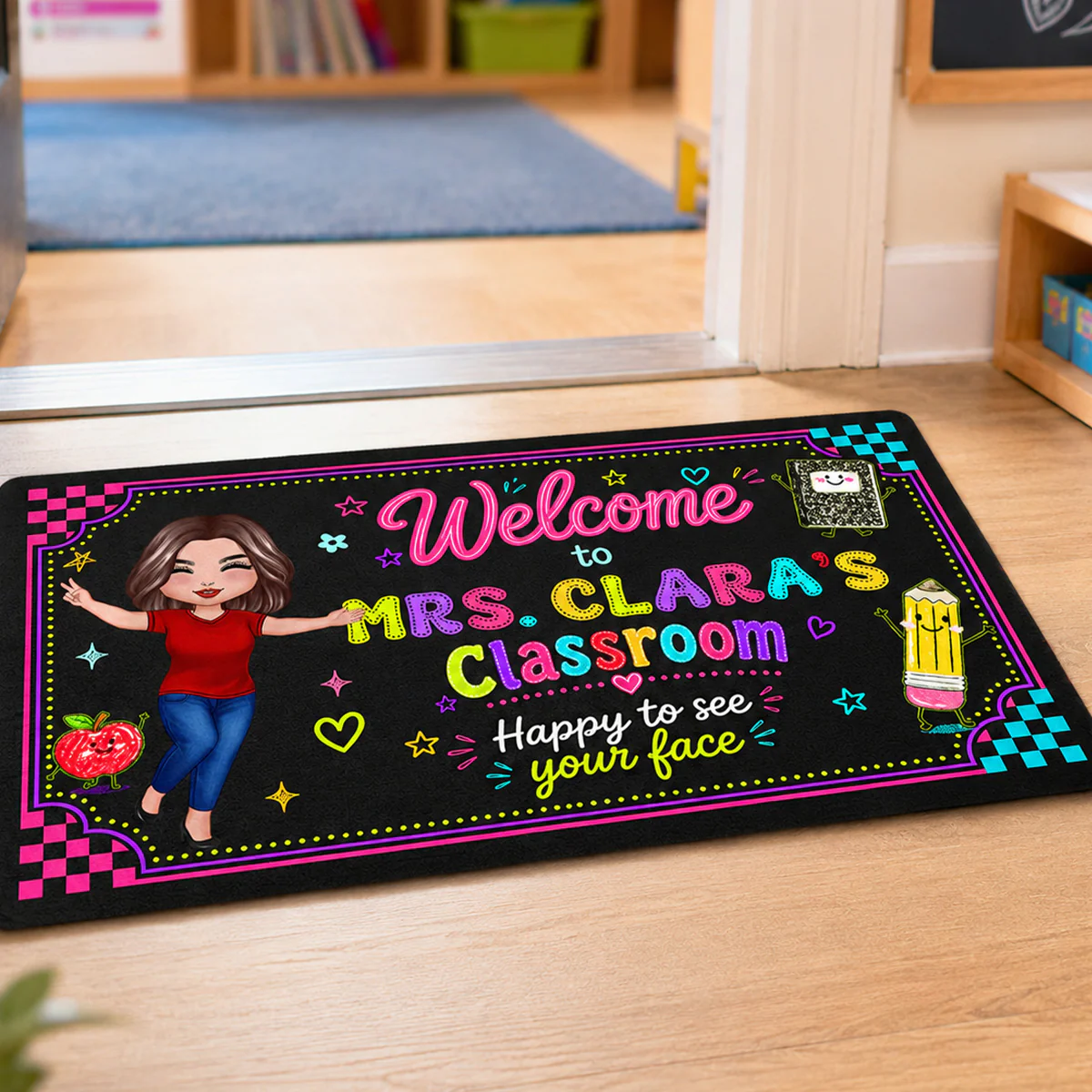 Happy To See Your Face Happy Teacher Preppy Neon Theme - Personalized Doormat - Classroom Students Welcome Decor - Image 3