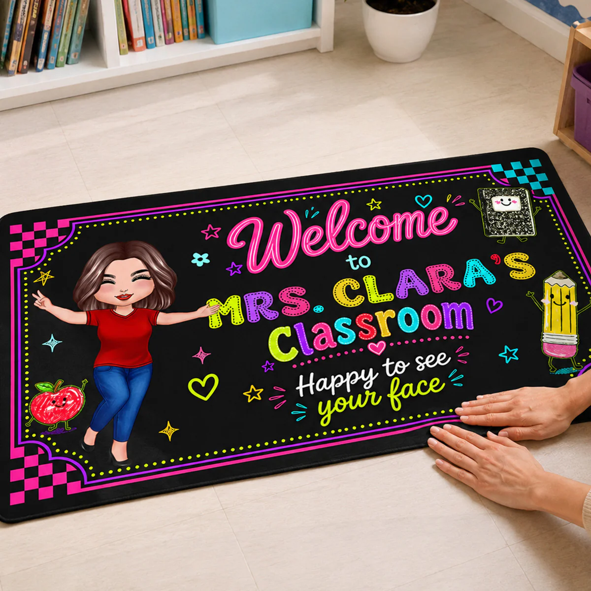 Happy To See Your Face Happy Teacher Preppy Neon Theme - Personalized Doormat - Classroom Students Welcome Decor - Image 4