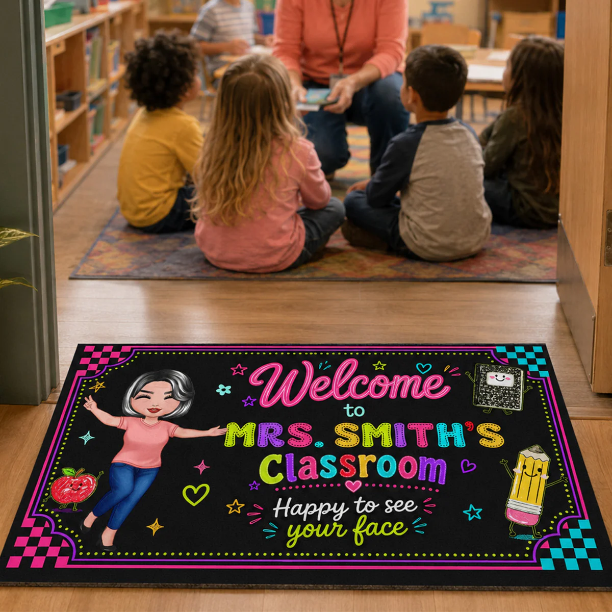 Happy To See Your Face Happy Teacher Preppy Neon Theme - Personalized Doormat - Classroom Students Welcome Decor - Image 5