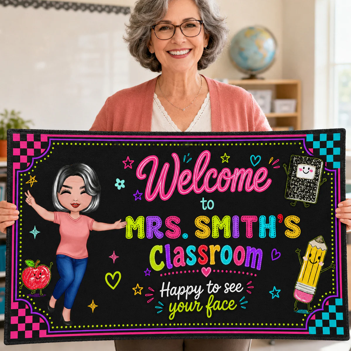 Happy To See Your Face Happy Teacher Preppy Neon Theme - Personalized Doormat - Classroom Students Welcome Decor - Image 7