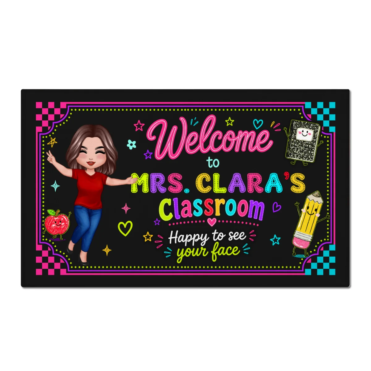 Happy To See Your Face Happy Teacher Preppy Neon Theme - Personalized Doormat - Classroom Students Welcome Decor - Image 9