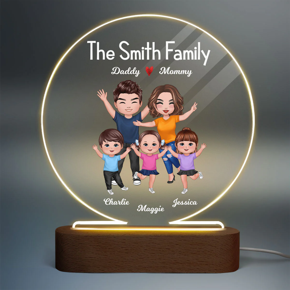 Happy Whole Family Doll Couple Dad Mom Kids Dogs Cats Personalized Circle Acrylic Plaque LED Night Light - Image 2
