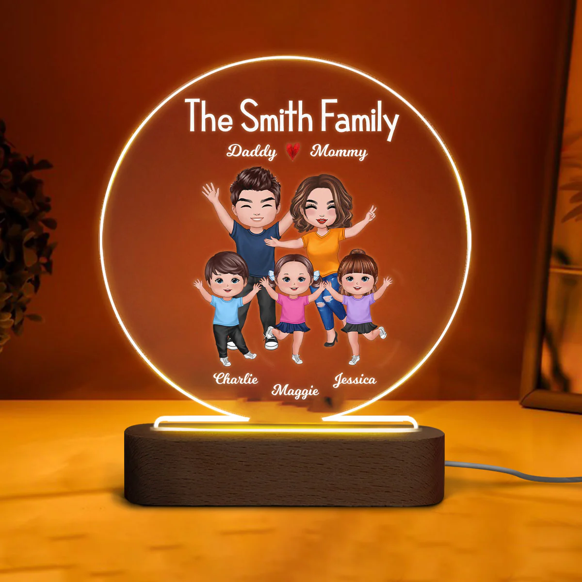Happy Whole Family Doll Couple Dad Mom Kids Dogs Cats Personalized Circle Acrylic Plaque LED Night Light - Image 3