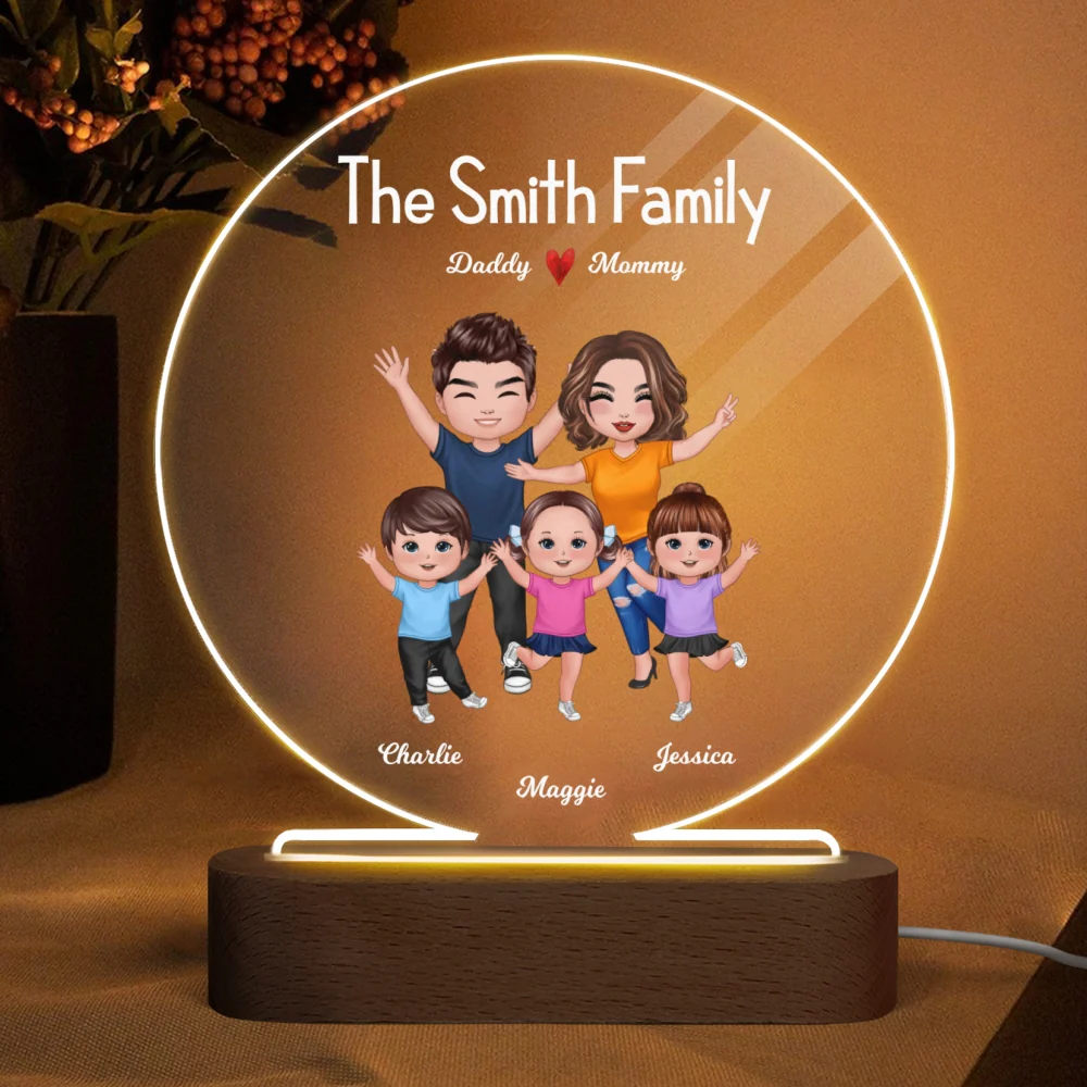Happy Whole Family Doll Couple Dad Mom Kids Dogs Cats Personalized Circle Acrylic Plaque LED Night Light - Image 4