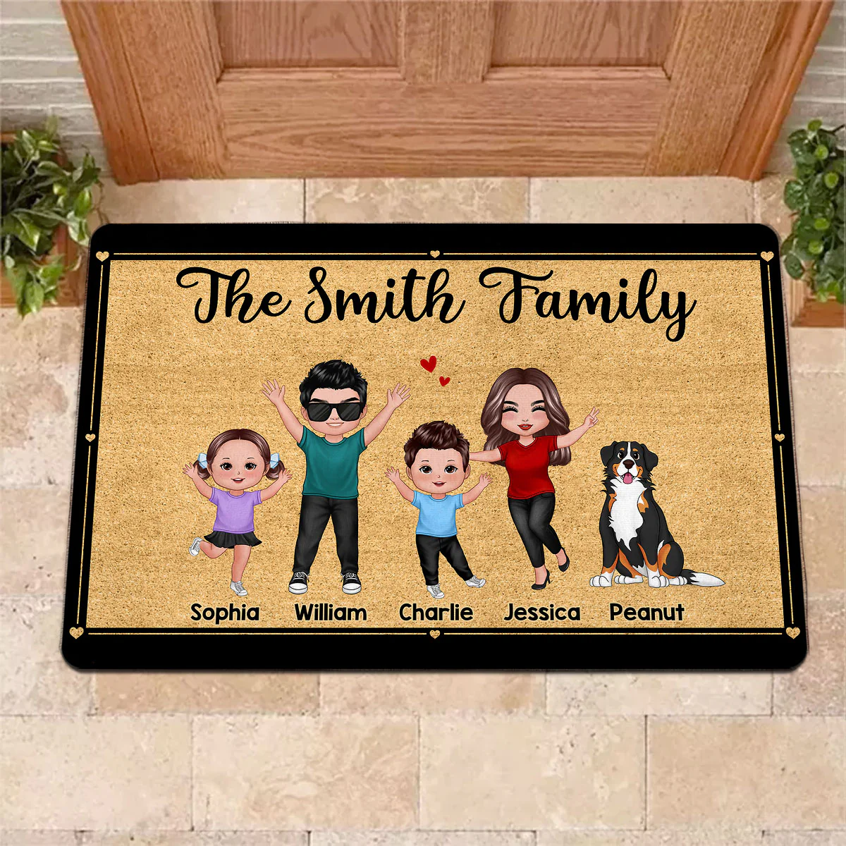 Happy Whole Family Doll Couple Dad Mom Kids Dogs Cats Personalized Doormat - Image 2