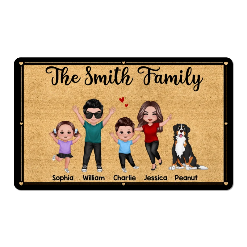 Happy Whole Family Doll Couple Dad Mom Kids Dogs Cats Personalized Doormat - Image 6