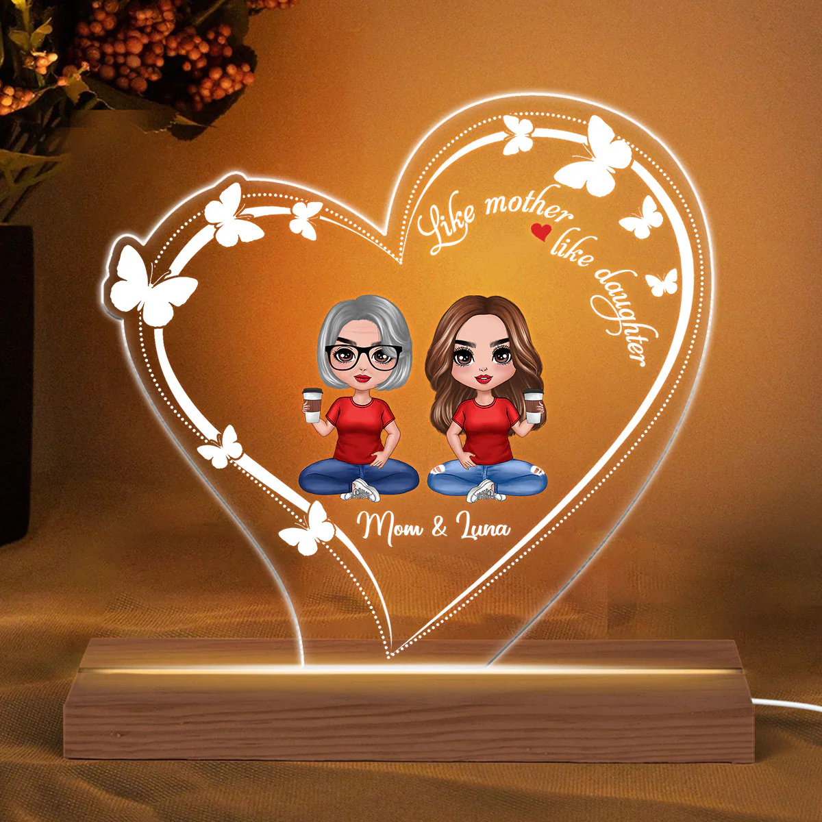 Heart Butterflies Doll Mother And Daughters Personalized Custom Shape LED Night Light - Image 2