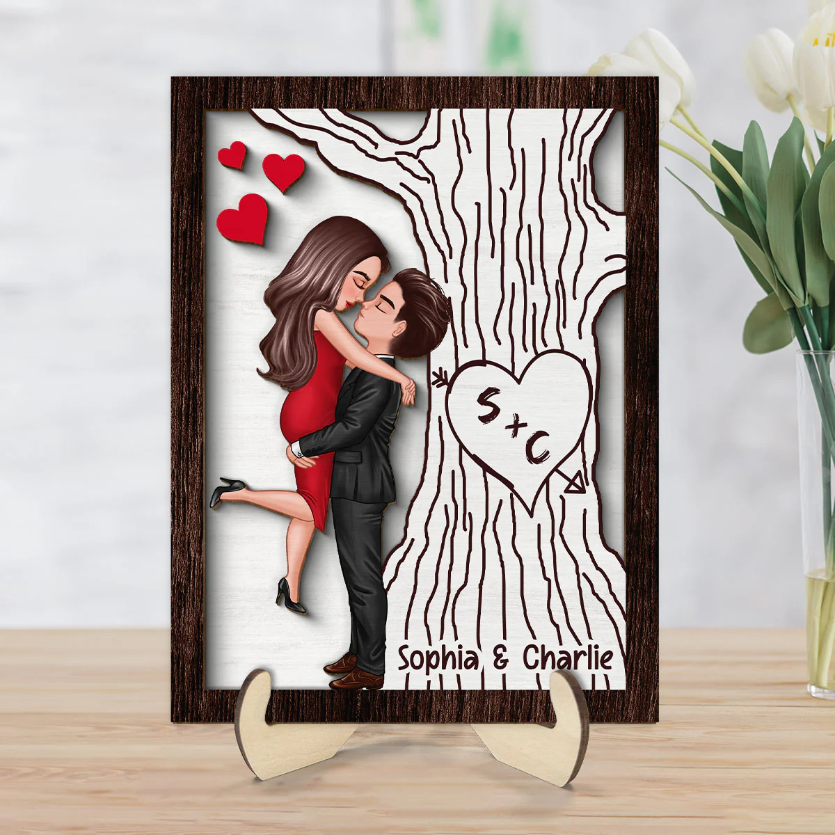 Heart Carved Tree Couple Initials Valentine‘s Day Gift For Her Gift For Him Personalized 2-Layer Wooden Plaque - Image 8