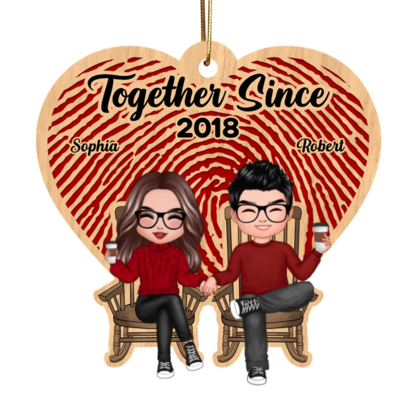Heart Fingerprints Doll Couple Sitting Personalized Wooden Ornament - Image 5