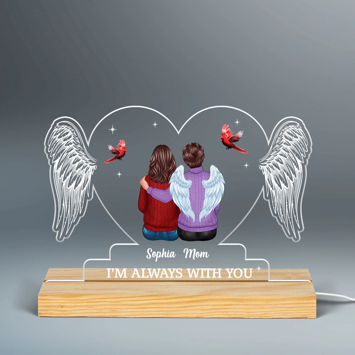 Heart Wings Family Sitting Memorial Remembrance Gift Personalized Custom Shape Acrylic Plaque LED Night Light - Image 3