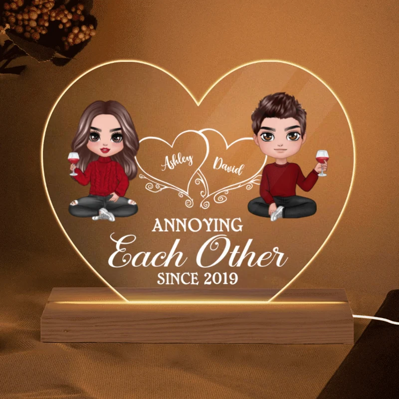 Hearts Doll Couple Sitting Annoying Each Other Gift For Him Gift For Her Personalized Custom Shape Acrylic Plaque With LED Night Light - Image 5