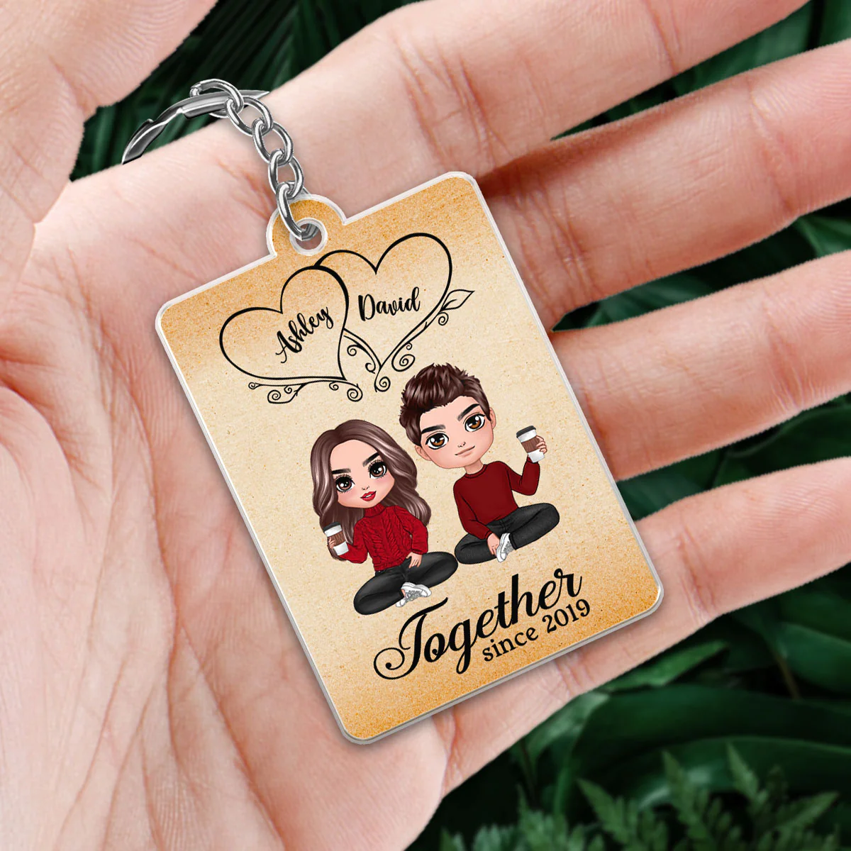 Hearts Doll Couple Sitting Favorite Song Scannable QR Code Personalized Acrylic Keychain - Image 2