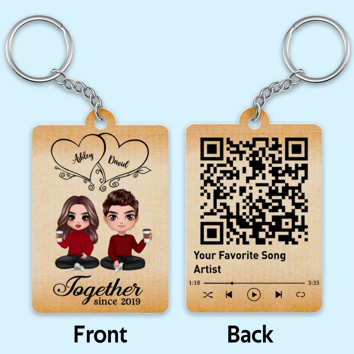 Hearts Doll Couple Sitting Favorite Song Scannable QR Code Personalized Acrylic Keychain - Image 4