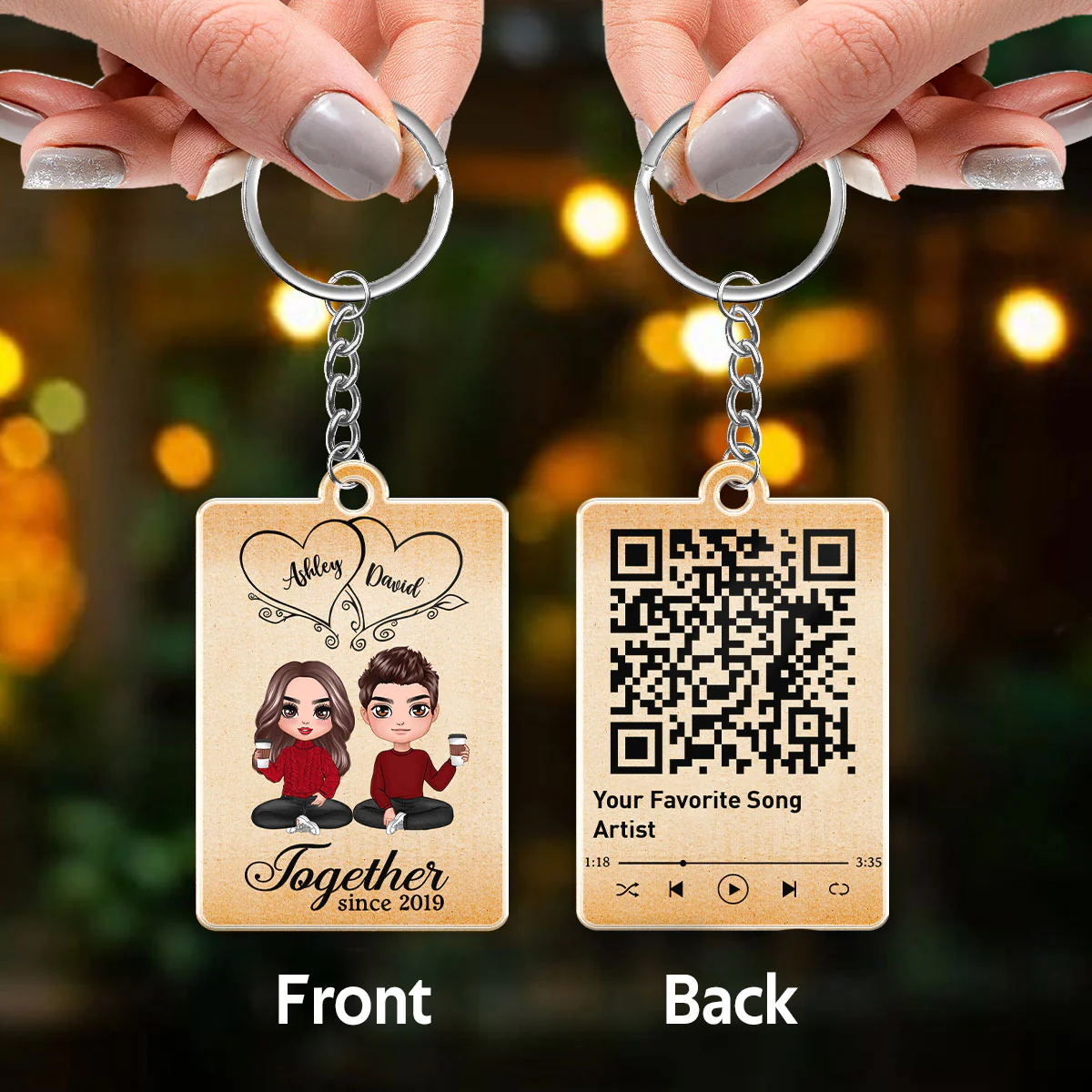 Hearts Doll Couple Sitting Favorite Song Scannable QR Code Personalized Acrylic Keychain - Image 3