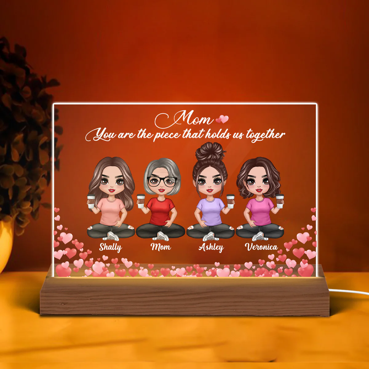 Hearts Doll Mom Daughters Personalized Acrylic Custom Shape LED Night Light - Image 3