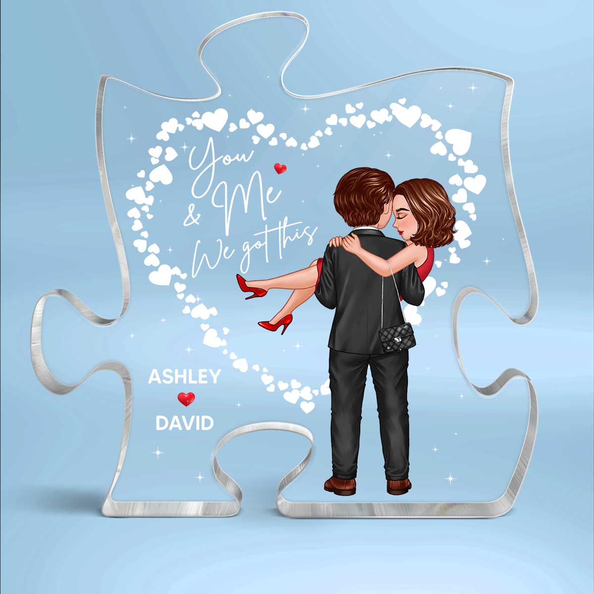 Hearts Embracing Hugging Doll Couple Personalized Acrylic Puzzle Plaque - Image 2