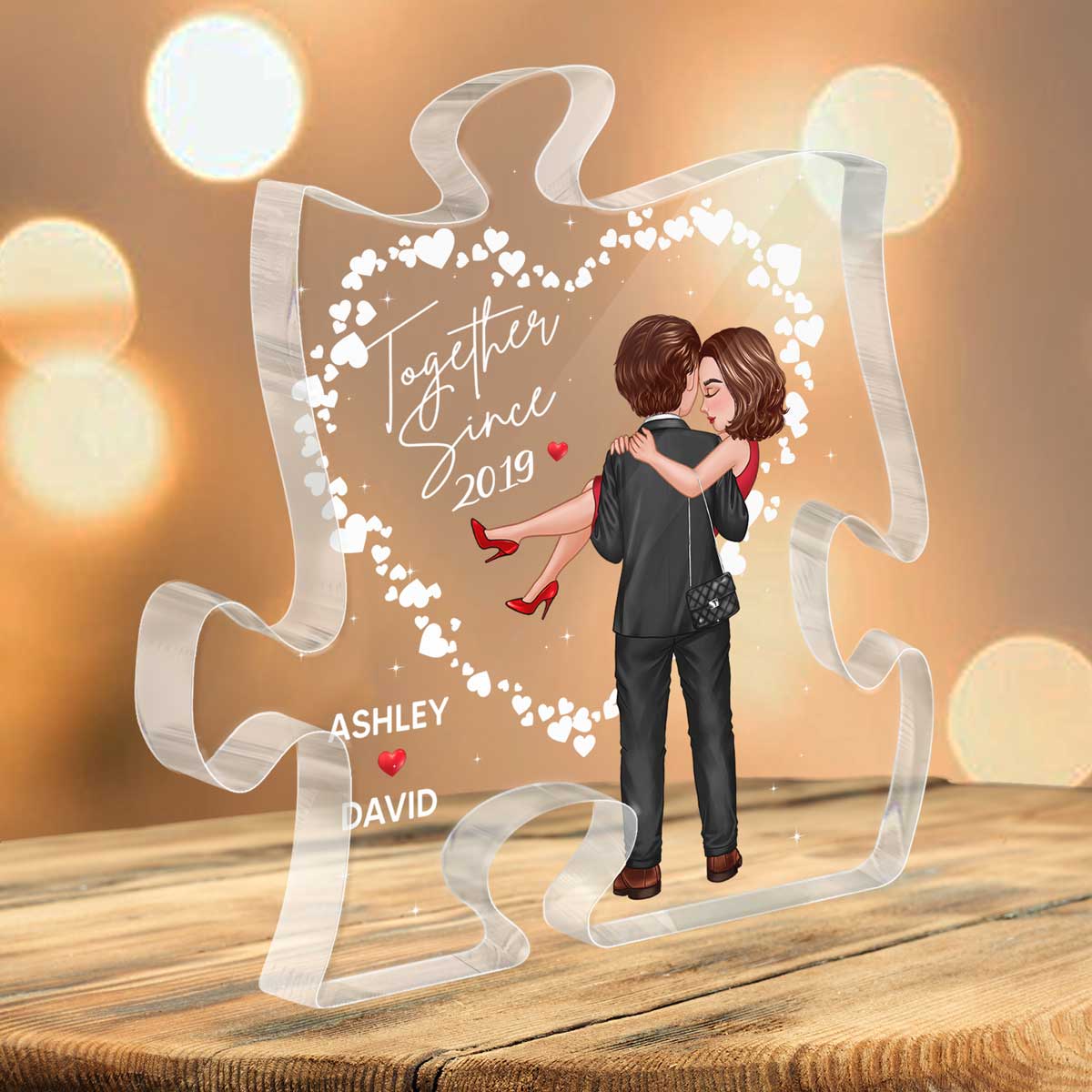 Hearts Embracing Hugging Doll Couple Personalized Acrylic Puzzle Plaque - Image 3