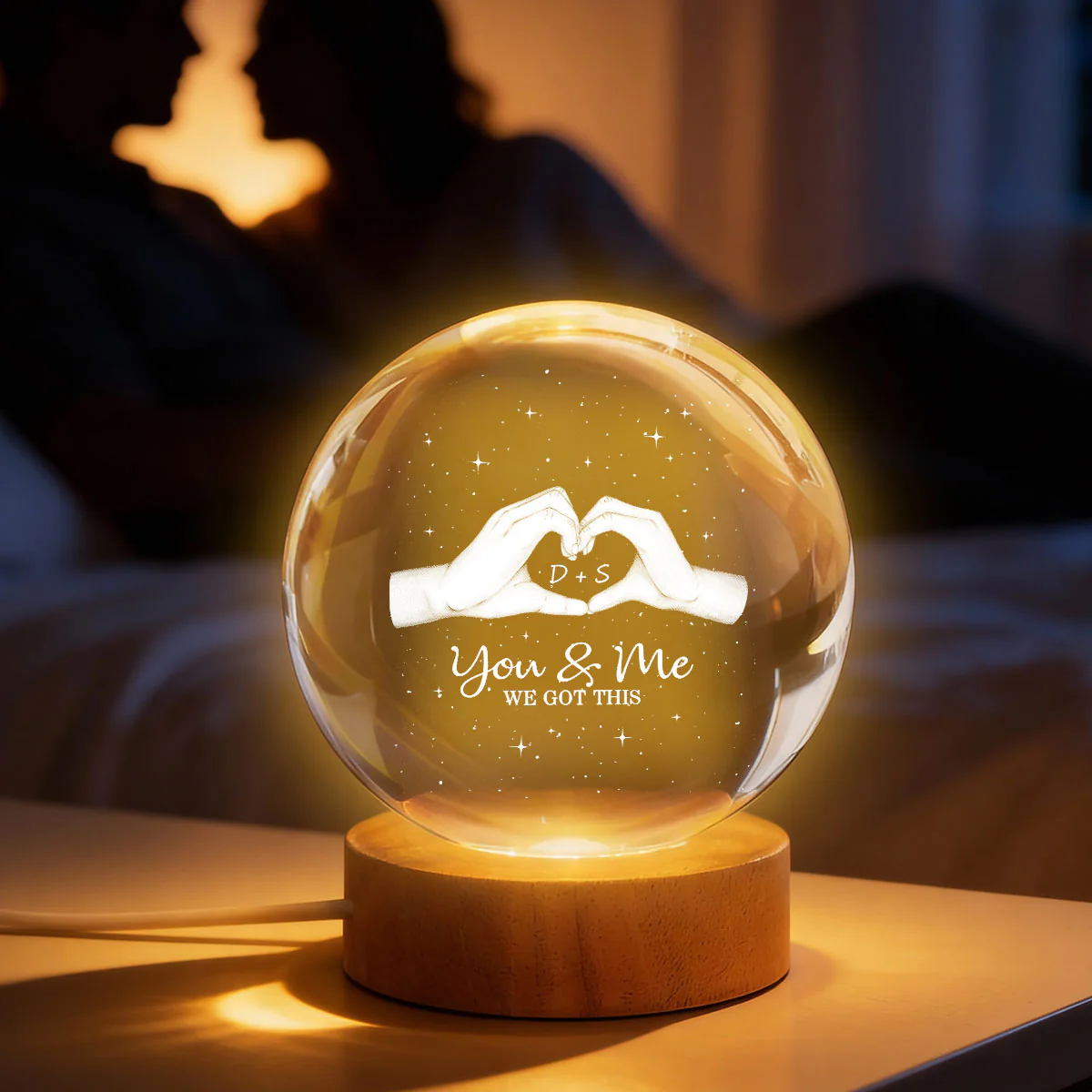 Hearts Hands Couple Initials - Personalized Crystal Ball LED Night Light - Valentine's Day Gift For Couple - Image 5