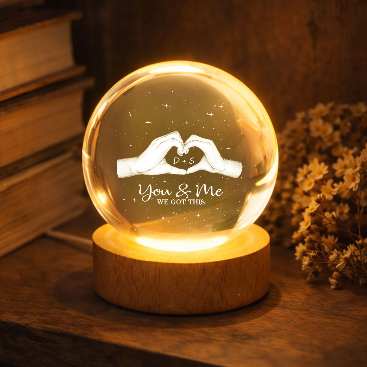 Hearts Hands Couple Initials - Personalized Crystal Ball LED Night Light - Valentine's Day Gift For Couple - Image 6