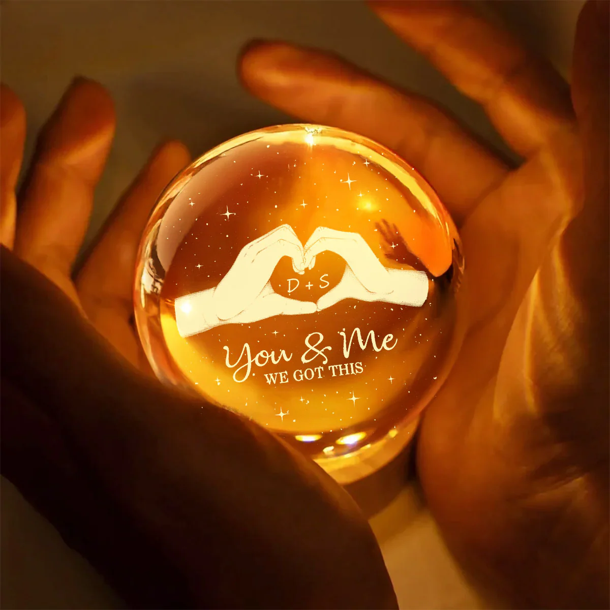 Hearts Hands Couple Initials - Personalized Crystal Ball LED Night Light - Valentine's Day Gift For Couple - Image 7