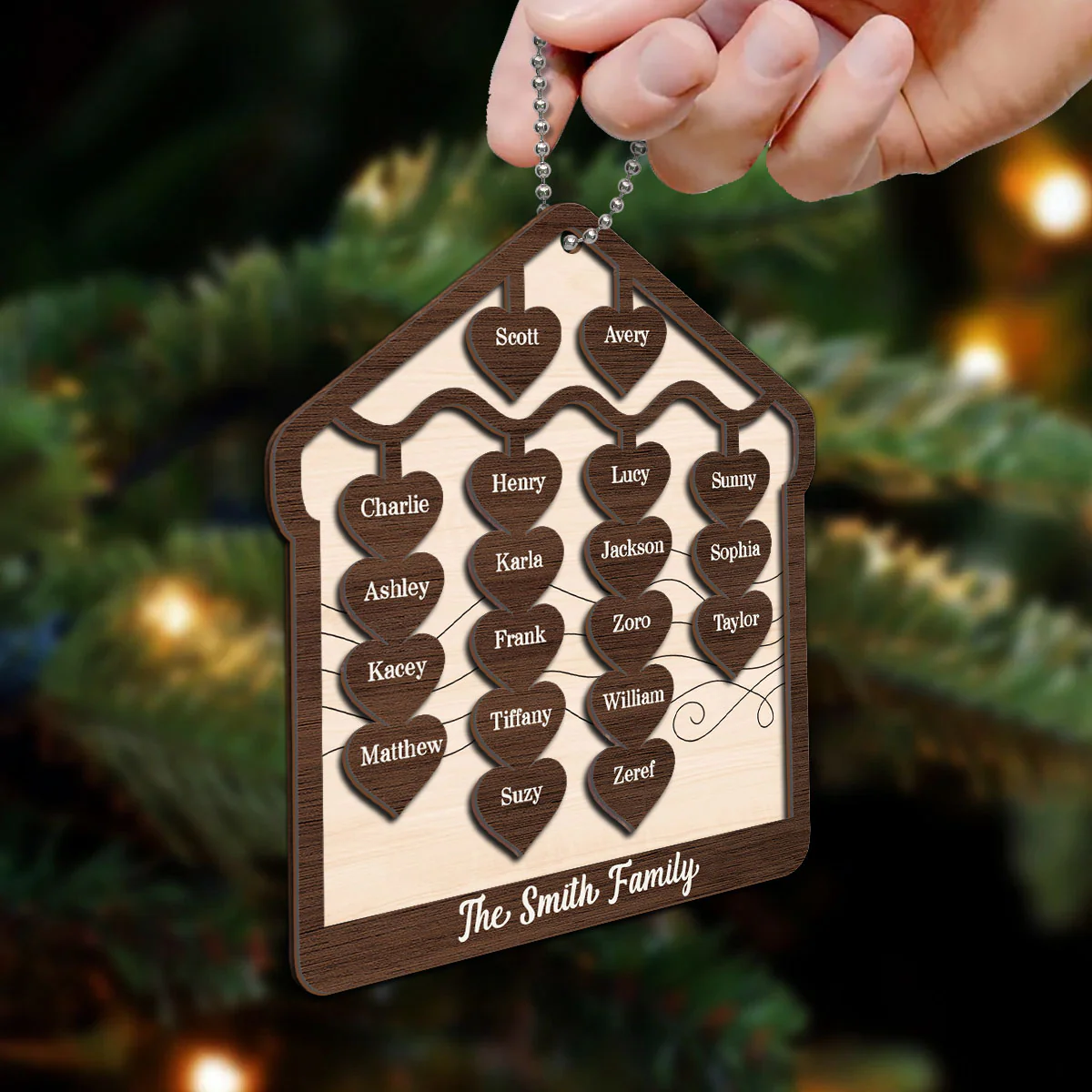 Hearts Hanging Family Christmas Personalized 2-Layer Wooden Ornament - Image 6