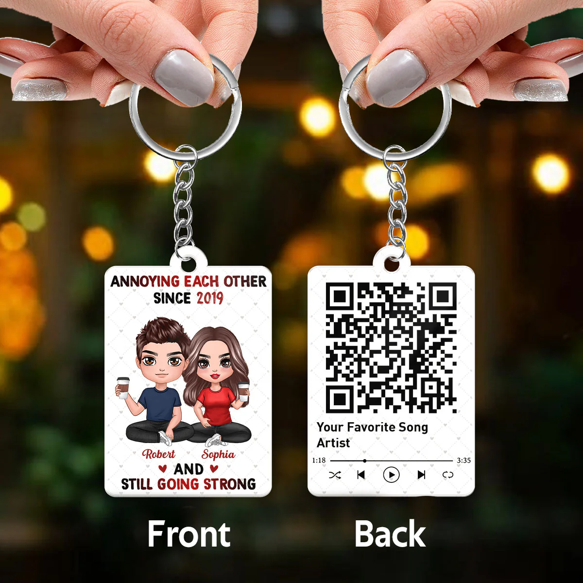 Hearts Pattern Doll Couple Sitting Favorite Song Scannable QR Code Personalized Acrylic Keychain - Image 3