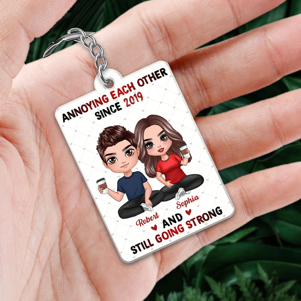 Hearts Pattern Doll Couple Sitting Favorite Song Scannable QR Code Personalized Acrylic Keychain - Image 2