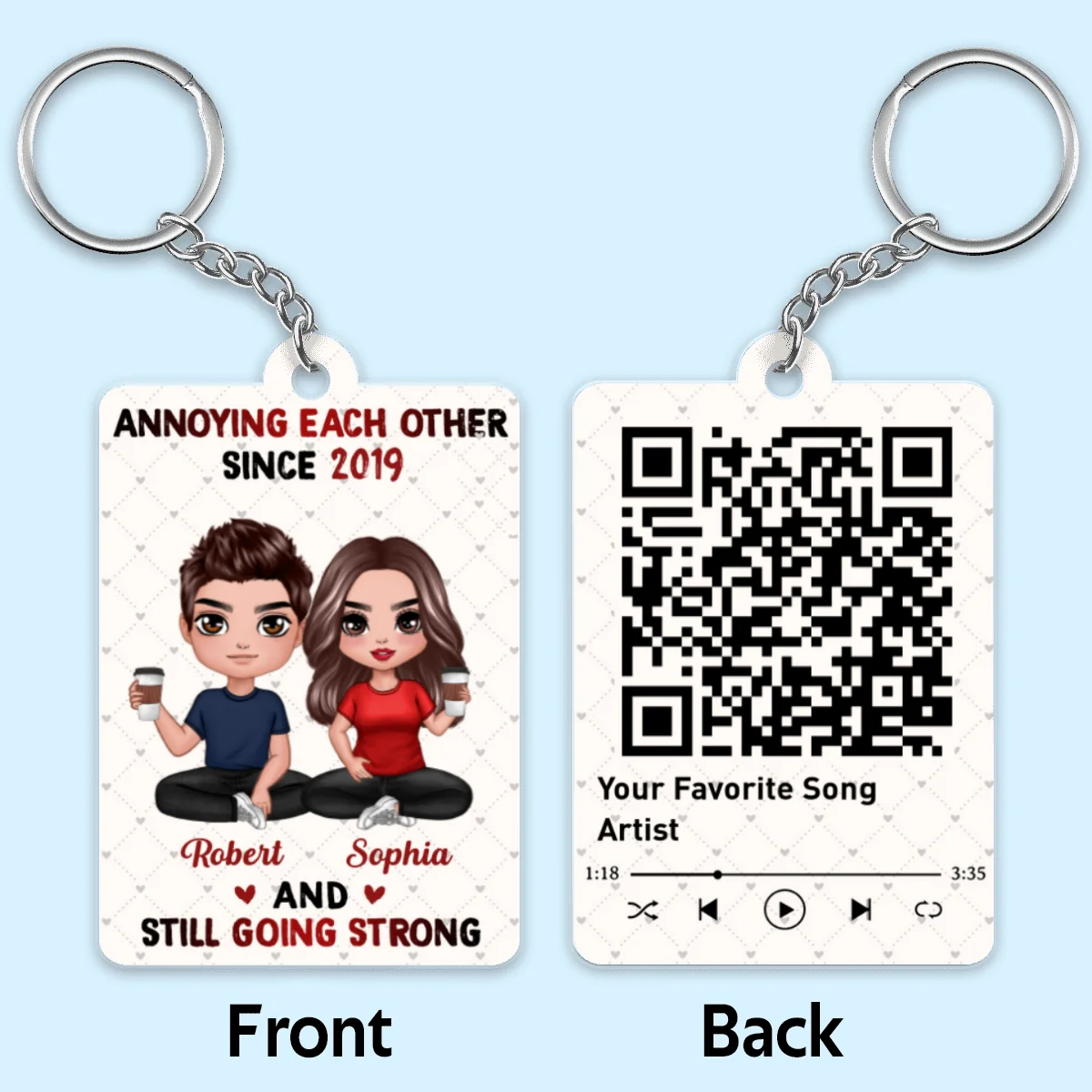 Hearts Pattern Doll Couple Sitting Favorite Song Scannable QR Code Personalized Acrylic Keychain - Image 4
