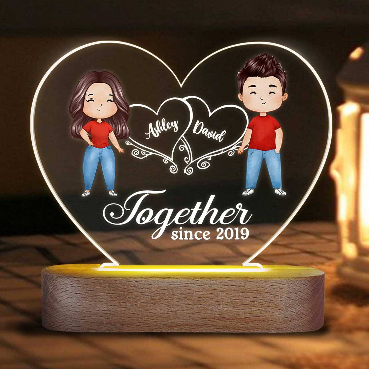 Hearts Watercolor Couple Standing Gift For Him Gift For Her Personalized Acrylic Heart Plaque LED Lamp Night Light - Image 3