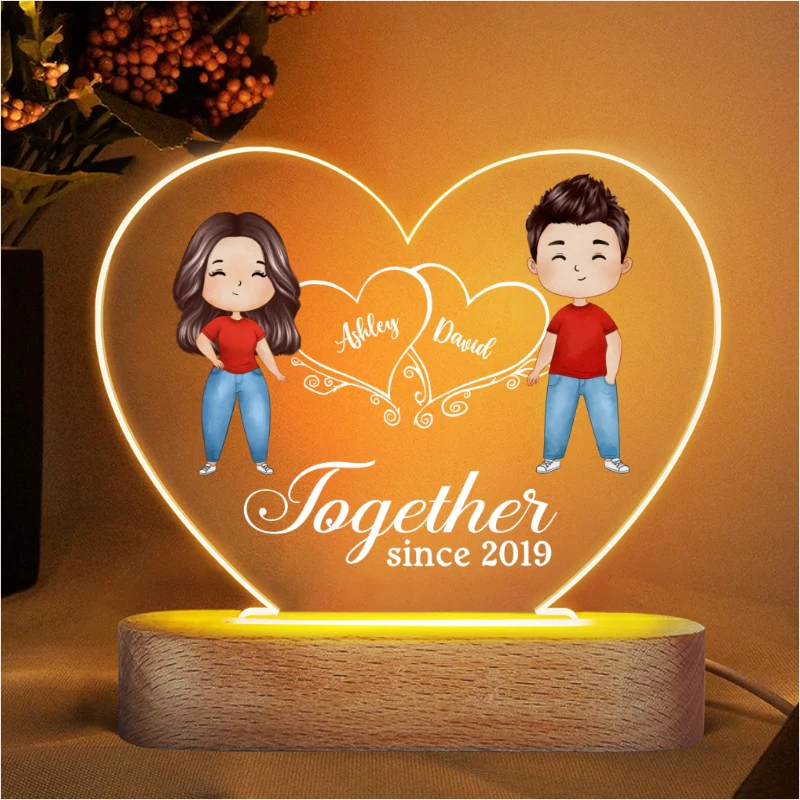 Hearts Watercolor Couple Standing Gift For Him Gift For Her Personalized Acrylic Heart Plaque LED Lamp Night Light - Image 4