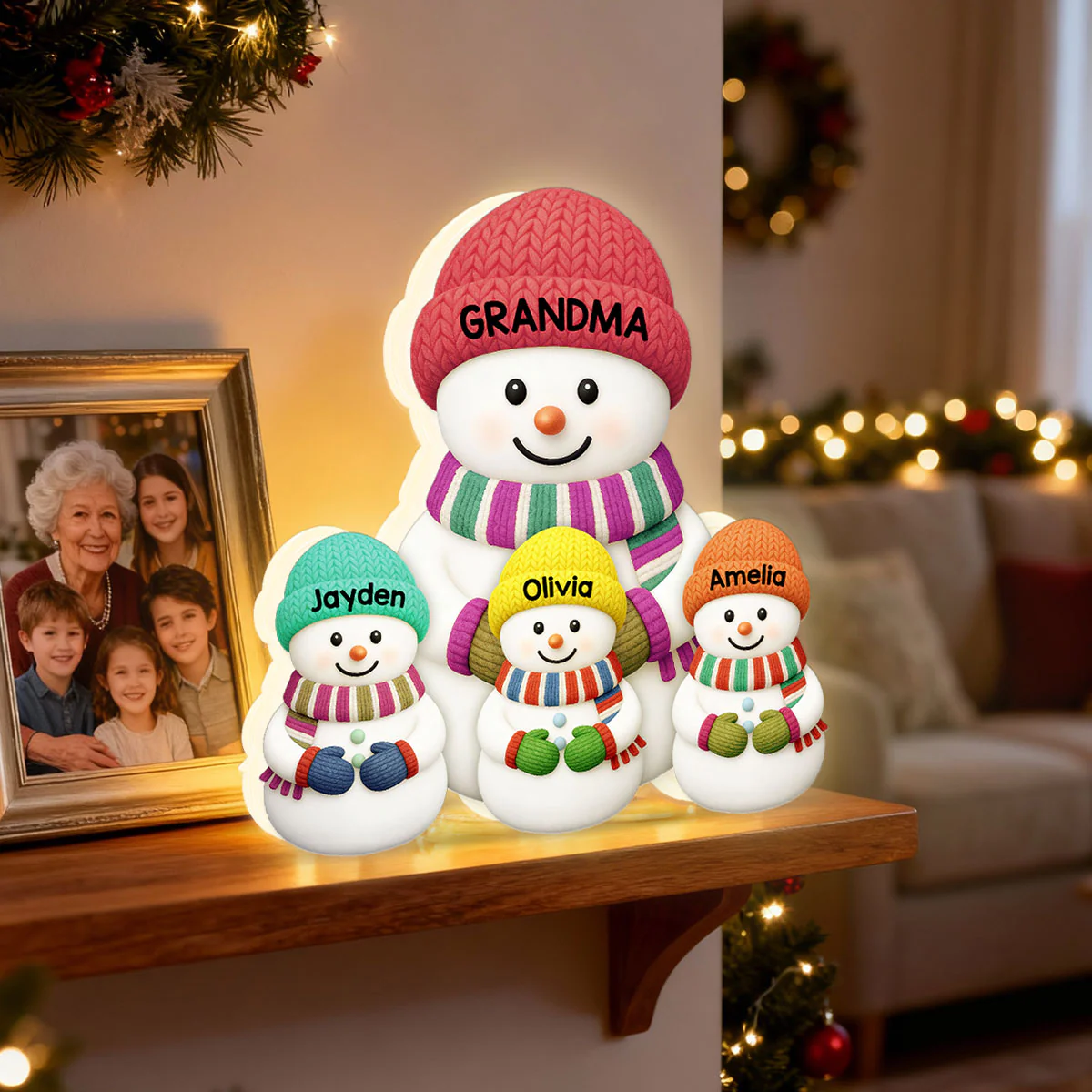 Heartwarming Christmas Grandma Grandpa Grandkids Snowman Together - Personalized Light Box - Image 2