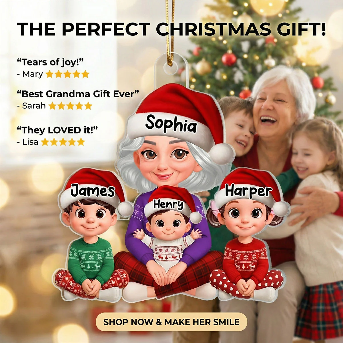 Heartwarming Grandma Grandkids Happy Together - Personalized Acrylic Ornament - Gift For Grandma, Grandkids - Image 3
