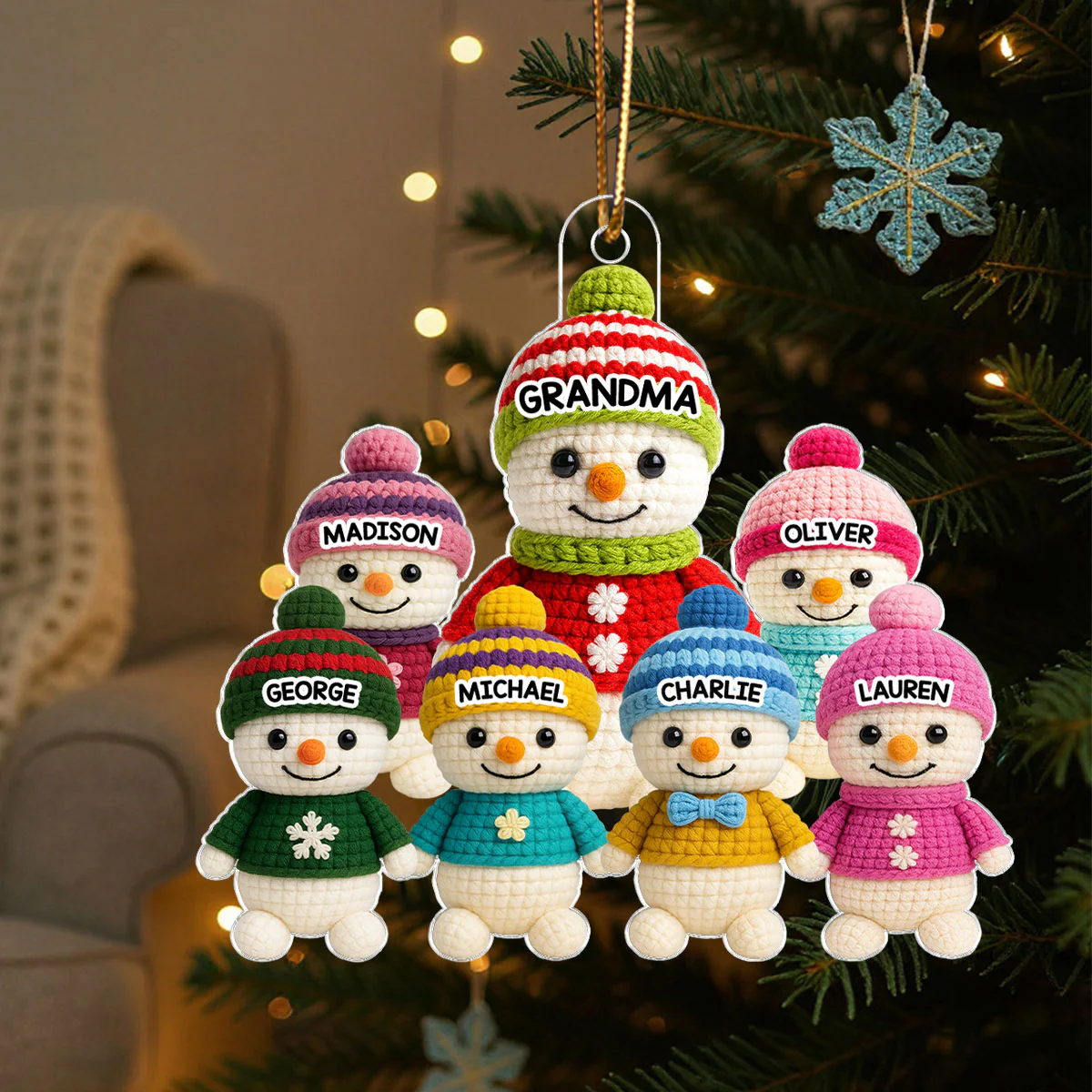 Heartwarming Grandma Grandkids Snowman 3D Crochet Effect - Personalized Acrylic Ornament - Christmas Gift for Grandmas - Image 2