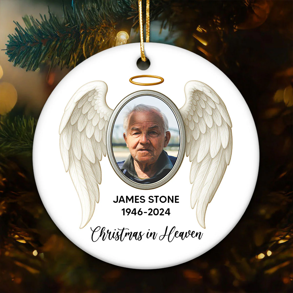 Heavenly Halo & Wings Memorial Ceramic Ornament, Personalized Keepsake Christmas Ornament, Sympathy Gift For Loss Of Loved Ones