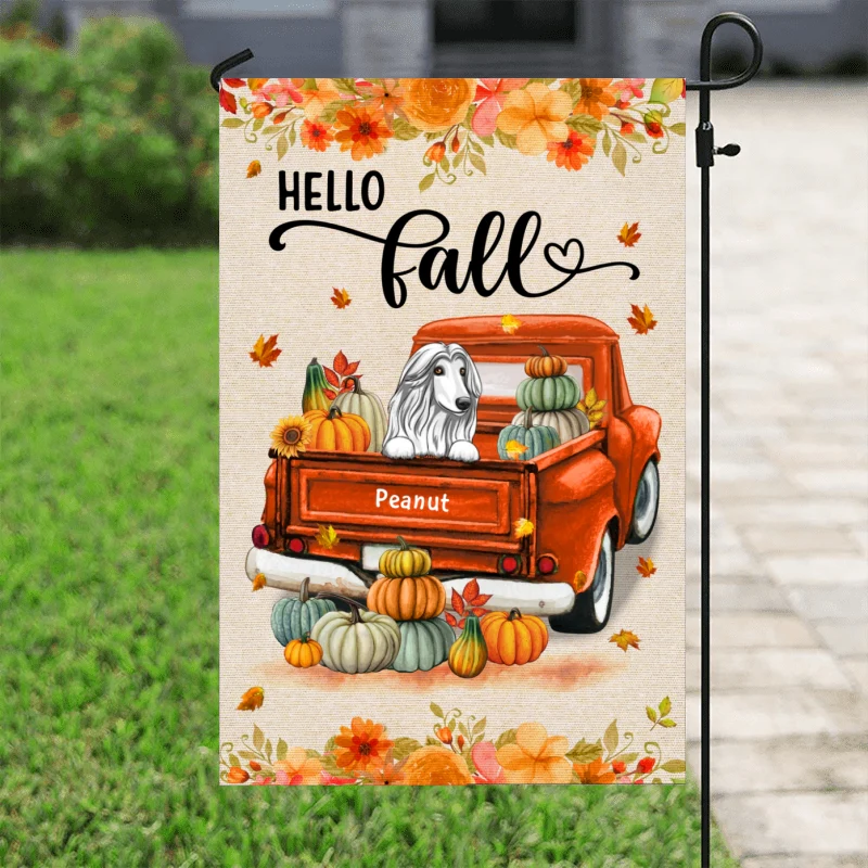 Hello Fall Dogs On Truck Personalized Garden Flag