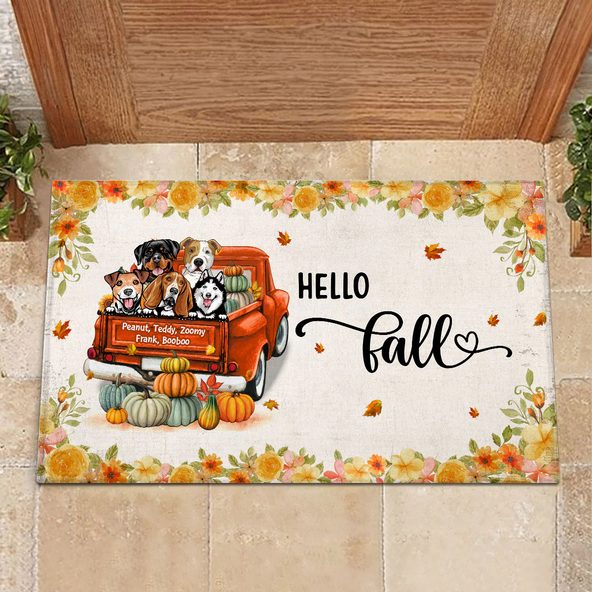 Hello Fall Dogs On Truck Personalized Doormat
